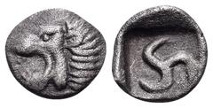 Greek DYNASTS OF LYCIA. Uncertain dynast, 4th century BC. Hemiobol (Silver, 8 mm, 0.41 g). Head of roaring lion to left. Rev. Triskeles clockwise within incuse square. Falghera -. Müseler -, but cf. V