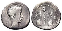Roman Provincial LYCIA, Lycian League. Masicytes. Augustus, 27 BC-AD 14. Drachm (Silver, 18 mm, 3.34 g, 12 h), circa 27-20. Λ - Υ Bare head of Augustus to right. Rev. Μ-Α Two lyres; between, owl stand