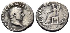 Roman Imperial Vitellius, AD 69. Denarius (Silver, 17.5 mm, 2.76 g, 7 h), Rome, April-December 69. A VITELLIVS GERM IMP AVG TR P Laureate head of Vitellius to right. Rev. CONCORDIA P R Concordia seate