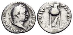 Roman Imperial Vitellius, 69. Denarius (Silver, 17 mm, 2.97 g, 6 h), Rome, April-December 69. A VITELLIVS GERMAN IMP TR P Laureate head of Vitellius to right. Rev. XV VIR SACR FAC Tripod with covered 