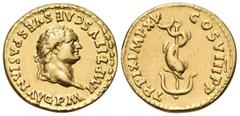 Roman Imperial Titus, 79-81. Aureus (Gold, 18.5 mm, 6.63 g, 11 h), Rome, 80. IMP TITVS CΛES VESPΛSIΛN ΛVG P M Laureate head of Titus to right. Rev. TR P IX IMP XV COS VIII P P Dolphin coiled downwards
