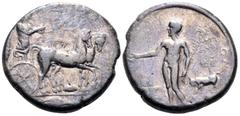 Greek SICILY. Selinos. Circa 415-409 BC. Tetradrachm (Silver, 26.5 mm, 16.74 g, 11 h). Apollo and Artemis standing right in a quadriga moving slowly to right; Artemis holding the reins and Apollo draw