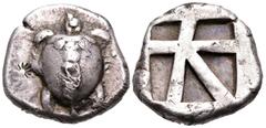 Greek ISLANDS OFF ATTICA, Aegina. Circa 480-457 BC. Stater (Silver, 21 mm, 12.29 g, 12 h). Sea turtle, head in profile, with 'T-back' design on shell. Rev. Large square incuse with heavy skew pattern.