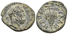 Roman Provincial LYDIA. Sala. Pseudo-autonomous issue, 2nd-3rd centuries. 1/3 Assarion (Bronze, 16.5 mm, 1.61 g, 1 h). Laureate head of bearded Herakles to right. Rev. CAΛΗ-ΝΩN Grape bunch on vine. BM