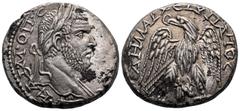 Roman Provincial PHOENICIA. Aradus. Macrinus, 217-218. Tetradrachm (Billon, 25 mm, 13.62 g, 12 h). ΑΥΤ ΚΑΙ Μ ΟΠ CΕ ΜΑΚΡΙΝΟC C Laureate bust of Macrinus to right, slight drapery on left shoulder. Rev. 