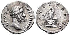 Roman Imperial Divus Antoninus Pius, died 161. Denarius (Silver, 18 mm, 2.65 g, 5 h), struck under Marcus Aurelius and Lucius Verus, Rome, 161. DIVVS ANTONINVS Bare head of the deified Antoninus Pius 