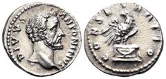 Roman Imperial Divus Antoninus Pius, died 161. Denarius (Silver, 19 mm, 2.70 g, 5 h), struck under Marcus Aurelius and Lucius Verus, Rome, 161. DIVVS ANTONINVS Bare head of the deified Antoninus Pius 