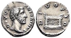 Roman Imperial Divus Antoninus Pius, died 161. Denarius (Silver, 18 mm, 2.90 g, 6 h), struck under Marcus Aurelius and Lucius Verus, Rome, 161. DIVVS ANTONINVS Bare head of the deified Antoninus Pius 