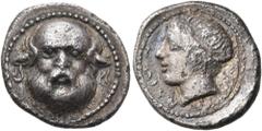 Greek SICILY. Katane. Circa 410-405 BC. Drachm (Silver, 18 mm, 4.02 g, 3 h). Head of Silenos facing, with full beard, pointed ears and bald head. Rev. ΚΑΤΑΝΑΙΩΝ Head of the river god Amenanos to left,