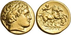 Greek KINGS OF MACEDON. Philip II, 359-336 BC. Stater (Gold, 18 mm, 8.59 g, 12 h), Abydos, struck during the reign of Philip III, c. 323-316. Laureate head of Apollo to right. Rev. ΦΙΛΙΠΠΟΥ Charioteer