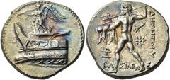 Greek KINGS OF MACEDON. Demetrios I Poliorketes, 306-283 BC. Tetradrachm (Silver, 27 mm, 17.12 g, 11 h), Pella, c. 294-293. Nike, blowing a trumpet and holding a stylis, alighting to left on a left-fa
