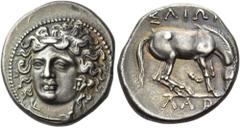 Greek THESSALY. Larissa. Circa 356-342 BC. Drachm (Silver, 20 mm, 6.10 g, 11 h). Head of the nymph Larissa three-quarters facing, turned slightly to left, wearing ampyx, pendant earring and simple tor