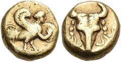 Greek IONIA. Uncertain mint. 5th century BC. Hemihekte or 1/12 Stater (Electrum, 7 mm, 0.96 g, 12 h). Siren standing to right, holding a tympani or hand drum. Rev. Bukranion, with a fillet hanging fro