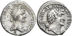 Roman Republican & Imperatorial Mark Antony and Cleopatra, 34 BC. Denarius (Silver, 17 mm, 3.52 g, 2 h), Alexandria. CLEOPATRAE REGINAE REGVM FILIORVM REGVM Draped and diademed bust of Cleopatra to ri