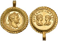 Roman Imperial & Provincial Septimius Severus, with Caracalla and Geta as Caesar, 193-211. Aureus (Gold, 24 mm, 10.06 g, 6 h). In an ancient ring mount, consisting of a curved-sided ring, encircling t