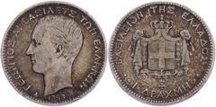 Greece (Kingdom) - George I, Drachma 1868 A (Paris) Europe Greece - Kingdom George I Drachma 1868 A (Paris) KM 38 Ag, 4.97 g (23 mm) TB/TTB