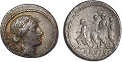 Roman Coins Roman - Republic - Junia Denarius; Q. Servilius Caepio Brutus, 54 BC; Obv.: LIBERTAS behind Libertas / Rev.: consul L. Junius Brutus between 2 lictors, preceded by accensus, BRVTVS on exer