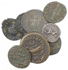 Romanas - Lote (7 Moedas) Lote (7 Moedas) - Tibério (14-37): Denário, PONTIF MAXIM, RCV 1763, RIC 26, RSC 16 (Lugdunum, depois de 16), 2,96g, BC-; Galiano (253-268): Antoniniano, Bolhão, ORIENS AVG, R