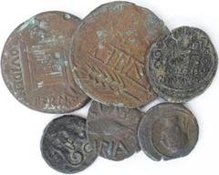 Hispano-Romanas - Lote (6 Moedas) Lote (6 Moedas) - Castulo: Quadrante, CaSTELE, Burgos 733/735, 2,91g, BC+; Cunbaria: Semisse, CVNB-ARIA, Burgos 880, 3,88g, BC/BC+; Emerita Augusta, época de Tibério 