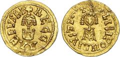 Visigoth Coins Visigoth - Recared I (586-601) - Gold - Tremissis; Olisipona; +RECCɅREÞVSRE' / +OLISIPOͶɅIVSTVƧ+ (horizontal Ƨ); Miles, CNV 112, Pliego, Ruth. 124, G.Re.01.22; 1.38g; Unique ; VF+ This 