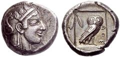 Greek coins Attica, Athens Didrachm circa 475-465, AR 8.60 g. Head of Athena r., wearing earring and crested Attic helmet decorated with three leaves over visor and spiral palmette on bowl. Rev. AΘE O