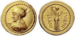 The Roman Republic C. Vibius Varus. Aureus 42, AV 8.06 g. Bust of Roma l., wearing helmet with a plume on each side, holding spear in r. hand and shield in l. over shoulder. Rev. C·VIBIVS – VARVS Wing