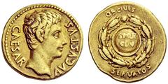 The Roman Empire Octavian as Augustus, 27 BC – 14 AD Aureus, Colonia Patricia 19 BC, AV 7.79 g. CAESAR – AVGVSTVS Bare head r. Rev. OB CIVIS / SERVATOS Shield, inscribed S P Q R / CL V, within oak wre