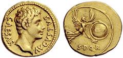 The Roman Empire Octavian as Augustus, 27 BC – 14 AD Aureus, Colonia Patricia 19 BC, AV 7.84 g. CAESAR – AVGVSTVS Bare head r. Rev. S·P·Q·R Victory flying r., holding shield inscribed CL V in r. hand 