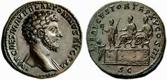 The Roman Empire Marcus Aurelius augustus, 161 – 180 Sestertius March-December 161, Æ 25.50 g. IMP CAES M AVREL ANTONINVS AVG P M Bare-headed bust r., drapery on far shoulder. Rev. LIB AVGSTOR TR P XV