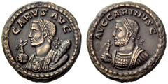 The Roman Empire Carus, 282 – 283 Quinarius, Ticinum 283, billon 1.80 g. CARVS AVG Laureate and cuirassed bust of Carus l., wearing consular robes and holding Victory on globe and club. Rev [M] AV C C
