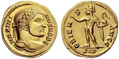 The Roman Empire Maximinus II Daia, 305 – 308 Aureus, Siscia 308, AV 5.55 g. MAXIMI – NVS NOB C Laureate head r. Rev. ORIEN – S – AVGG Sol, radiate, standing l. with chlamys over l. shoulder, raising 