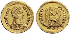The Roman Empire Aelia Flacilla, wife of Thodosius I Solidus, Constantinopolis 378-383, AV 4.46 g. AEL FLAC – CILLA AVG Draped bust r., with elaborate headdress, necklace and mantle. Rev. SALVS REI – 