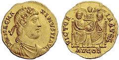 The Roman Empire Magnus Maximus, 383 – 388 Solidus, Londinium-Augusta 387-388, AV 4.42 g. D N MAG MA – XIMVS P F AVG Rosette-diademed, draped and cuirassed bust r. Rev. VICTOR – IA AVGG Two emperors s