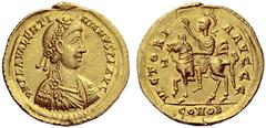 The Roman Empire Valentinian III, 425 – 455 Solidus, Thessalonica circa 437, AV 4.46 g. D N PLA VALENTINIANVS P F AVG Draped, cuirassed and rosette diademed bust r. Rev. VICTORI – A AVGGG Helmeted Emp