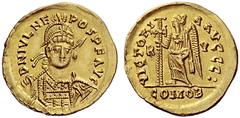 The Roman Empire Julius Nepos first reign, 24th June 474 – 28th August 475 Solidus, Ravenna 474-475, AV 4.35 g. D N IVL NE – POS P F AVG Helmeted, pearl-diademed and cuirassed bust three-quarters r. f
