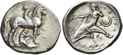 Greek Coins Calabria, Tarentum. Nomos circa 340-325, AR 7.93 g. Horse standing r. crowned by rider and lifting l. front leg for boy kneeling to remove stone; in r. field, Φ. Rev. ΤΑΡ – ΑΣ Dolphin ride