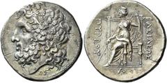 Greek Coins Locri Epizephyrii. Tetradrachm, under Pyrrhus circa 278-276, AR 16.36. g. Head of Zeus Naios of Dodona l., wearing oak-wreath; below neck truncation, Θ and ΣΕ monogram. Rev. ΒΑΣΙΛΕΩΣ – ΠΥΡ