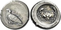 Greek Coins Sicily, Agrigentum. Didrachm circa 495-485, AR 8.87 g. AKRA Eagle standing l., with folded wings. Rev. Crab. SNG Lockett 701. SNG ANS 940 (this obverse die). C. Boehringer, Der spätarchais