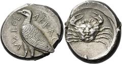 Greek Coins Sicily, Agrigentum. Tetradrachm circa 470-440, AR 17.53 g. AKRAC – ΑΝΤΟΣ Eagle standing l., with closed wings. Rev. Crab, carapace resembling human face. Jameson 2414 (these dies). SNG Llo