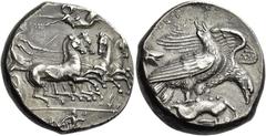 Greek Coins Sicily, Agrigentum. Tetradrachm signed by engraver Myron circa 410-406, AR 17.33 g. Fast quadriga driven r. by charioteer holding kentron and reins; above, Nike flying l., holding wreath a
