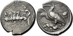 Greek Coins Sicily, Agrigentum. Tetradrachm signed by magistrate Straton, circa 410-406, AR 16.44 g. [ΑΚΡΑΓΑΝ[Ι–ΝΟΝ] Nike driving galloping quadriga l., holding kentron in l. hand, reins in both; abov