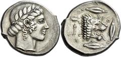 Greek Coins Leontini. Tetradrachm circa 460-450, AR 17.34 g. Laureate head of Apollo r., hair rolled behind neck. Rev. LEO – N – T – IN – ON Lion's head r., with jaws open and tongue protruding; behin