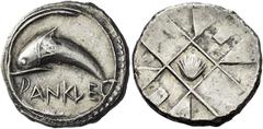 Greek Coins Messana. As Zankle under the Samians Chalcidian drachm circa 500, AR 5.53 g. DANKLE Dolphin swimming l. within sickle-shaped open harbour; outer edge of wharf surrounded by dots. Rev. Muss