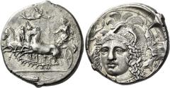 Greek Coins Syracuse. Tetradrachm signed by Eukleidas circa 413-399, AR 17.28 g. Fast quadriga driven l. by female charioteer, holding reins in l. hand and raising flaming torch in r.; above, Nike fly