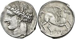 Greek Coins The Carthaginians in Sicily and North Africa. Decadrachm, Carthage circa 260, AR 38.04 g. Head of Tanit (Kore-Persephone) l., wearing barley wreath and earring. Rev. Pegasus flying r.; bel