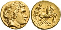 Greek Coins Kings of Macedonia, Philip II, 359 – 336 and posthumous issues. Stater, Colophon circa 322, AV 8.65 g. Laureate head of Apollo r. Rev. ΦΙΛΙΠΠΟΥ Prancing biga r., driven by charioteer holdi