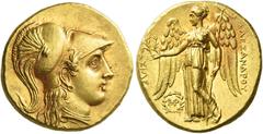 Greek Coins Alexander III, 336-323 BC and posthumous issue. Stater under Peithon, Babylon, circa 315-311, AV 8.58 g. Head of Athena r., wearing triple-crested Corinthian helmet, earring and pearl-neck