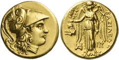 Greek Coins Kings of Thrace, Lysimachus 323-281 and posthumous issues. Stater, Sardis circa 301-297, AV 8.49 g. Head of Athena r., wearing Corinthian helmet decorated with snake. Rev. ΒΑΣΙΛΕΩΣ – [ΛΥ]Σ