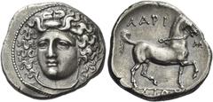 Greek Coins Thessaly, Larissa. Didrachm circa 356-342, AR 12.24 g. Head of nymph Larissa facing three-quarters l., wearing ampyx, earring and necklace. Rev. ΛAPI – Σ / AIΩ[N] Bridled horse advancing r