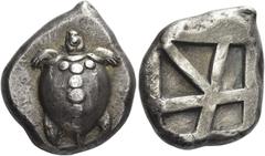 Greek Coins Islands off Attica, Aegina. Stater circa 480–457, AR 12.08 g. Sea-turtle with heavy collar and dots running down its back. Rev. Large skew pattern incuse. Milbank, ANSNNM 24, p. I, 15. Hol